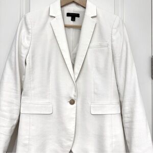 Ann Taylor One Button Linen Herringbone Print Blazer Ivory 4P